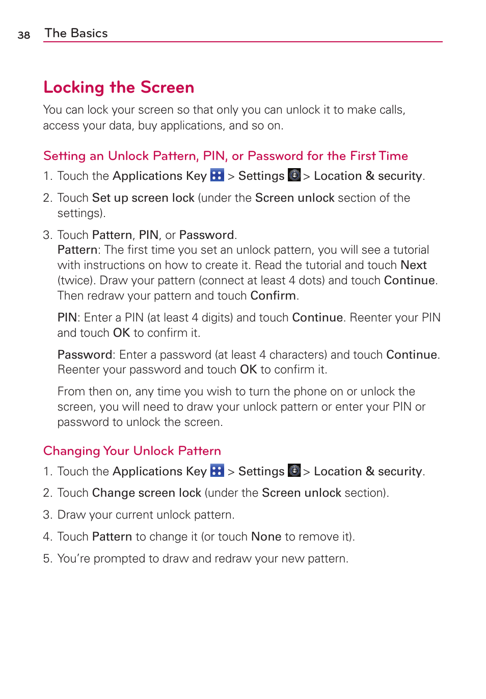 Locking the screen | LG MS910 User Manual | Page 38 / 199