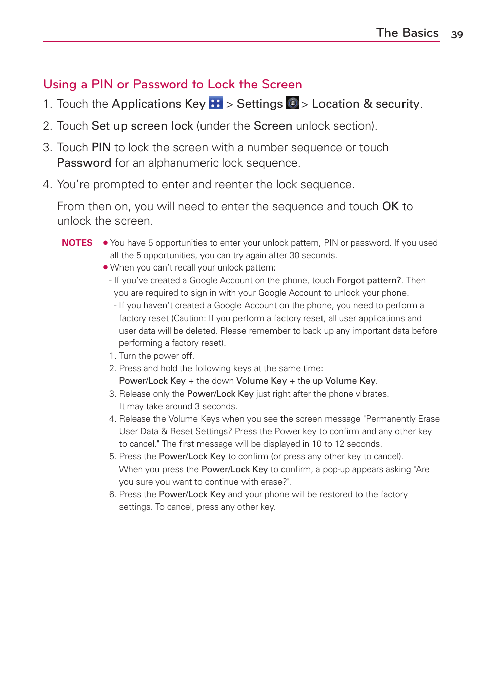 Touch the applications key > settings | LG MS910 User Manual | Page 39 / 199