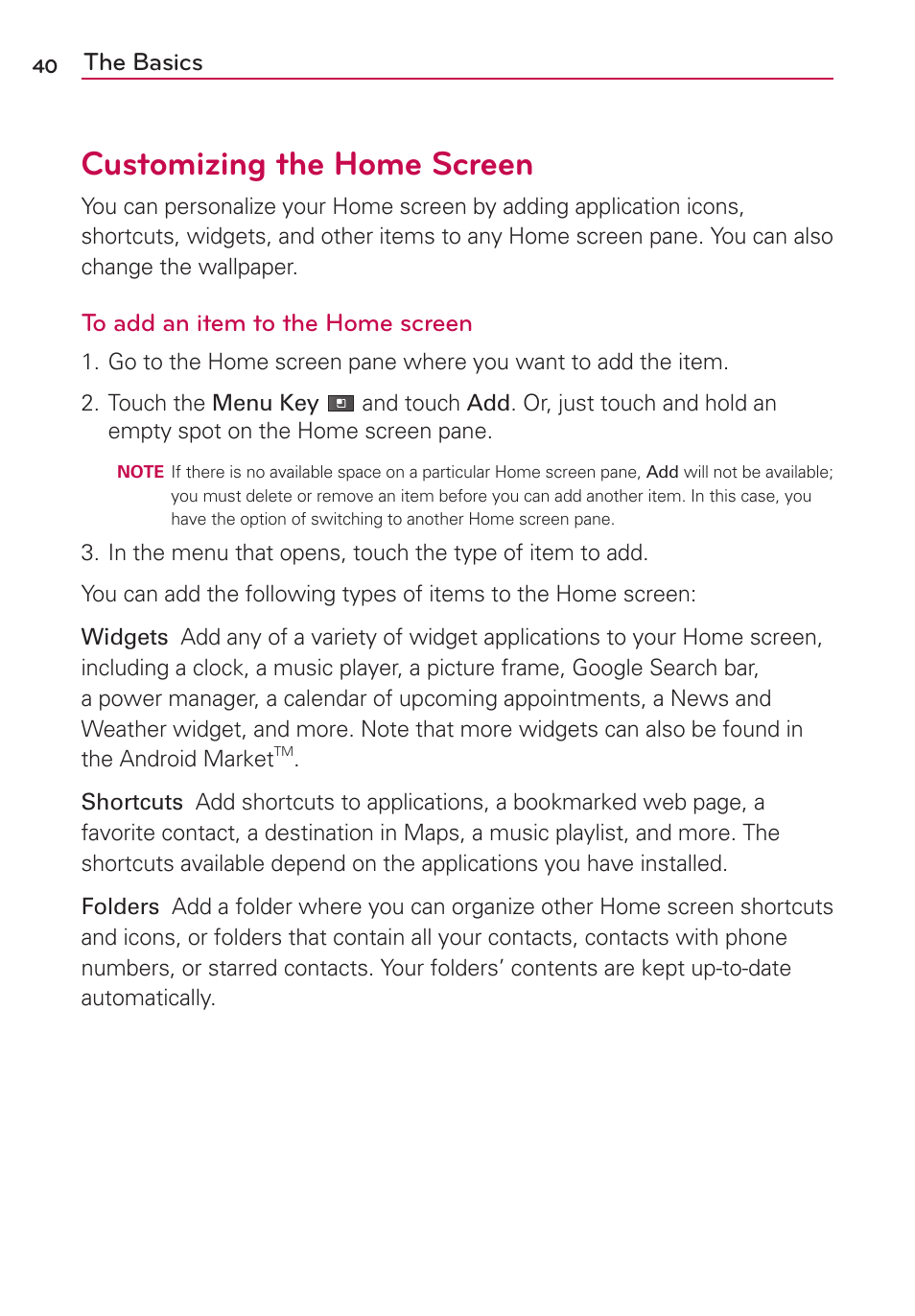 Customizing the home screen, The basics | LG MS910 User Manual | Page 40 / 199