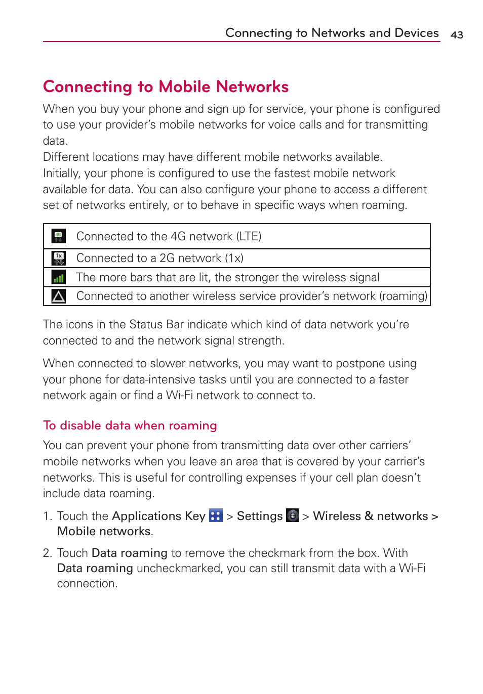 Connecting to mobile networks | LG MS910 User Manual | Page 43 / 199