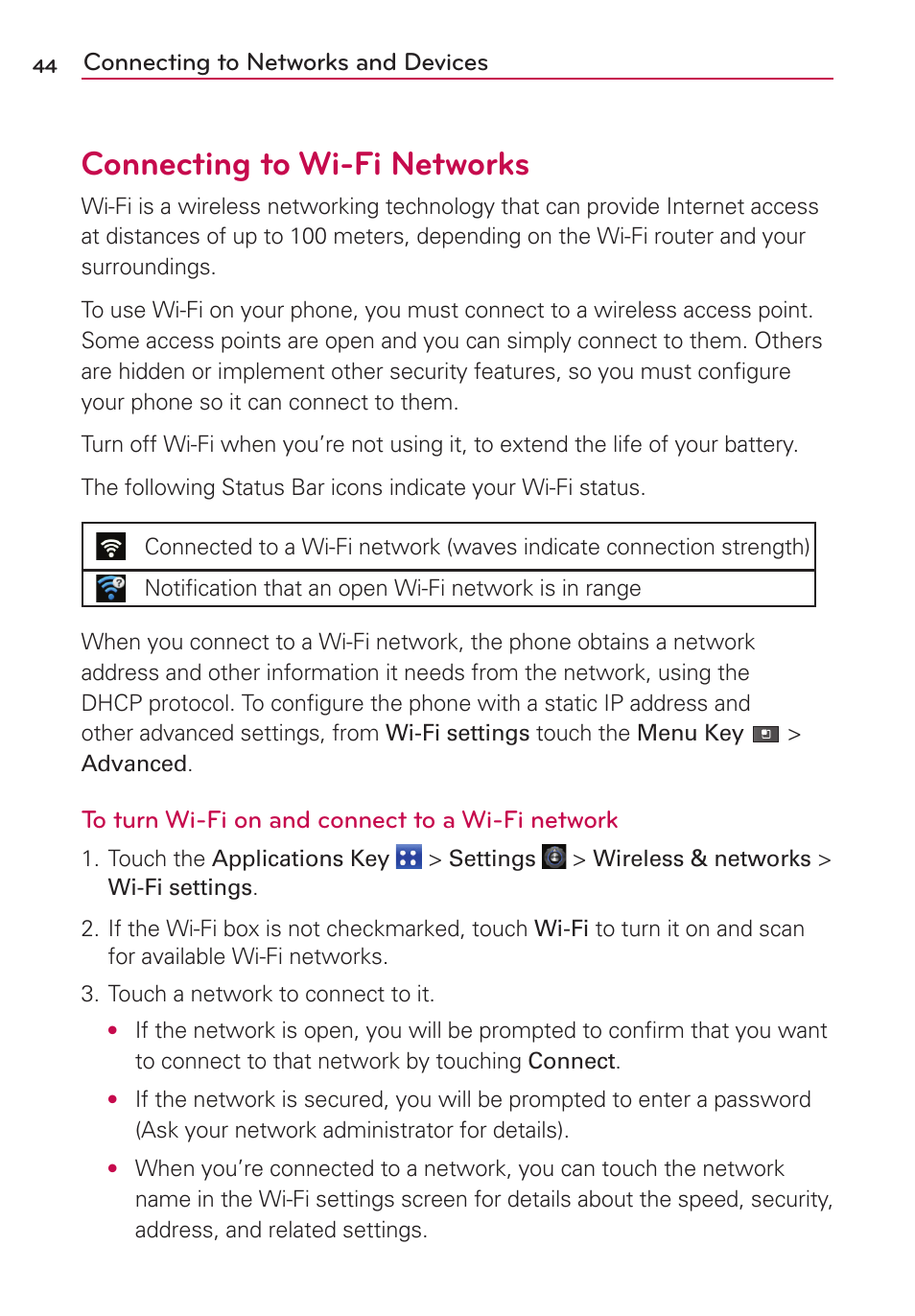 Connecting to wi-fi networks, Connecting to networks and devices | LG MS910 User Manual | Page 44 / 199