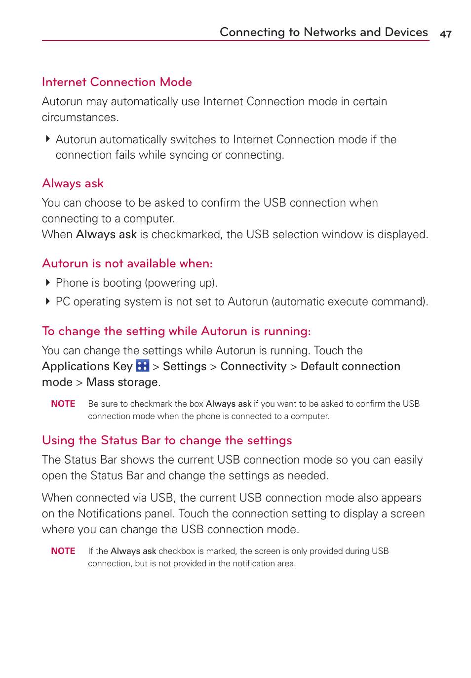 Always ask, Autorun is not available when, Using the status bar to change the settings | LG MS910 User Manual | Page 47 / 199