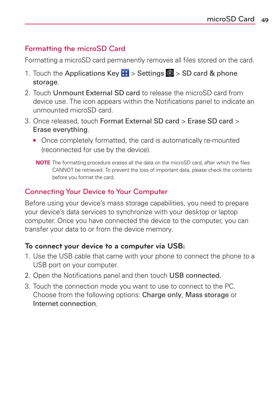 Microsd card formatting the microsd card, Connecting your device to your computer | LG MS910 User Manual | Page 49 / 199