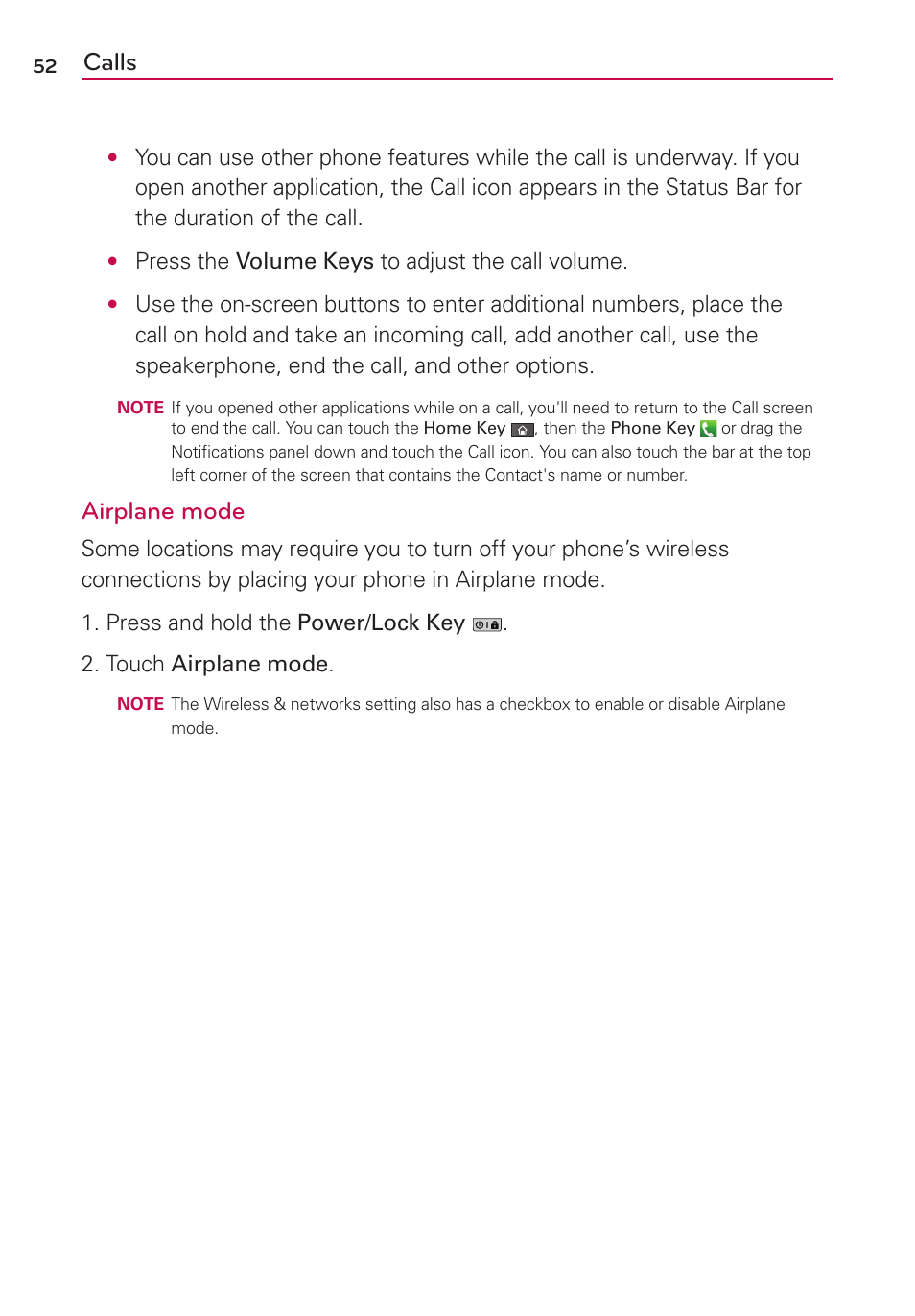 Calls, Airplane mode | LG MS910 User Manual | Page 52 / 199