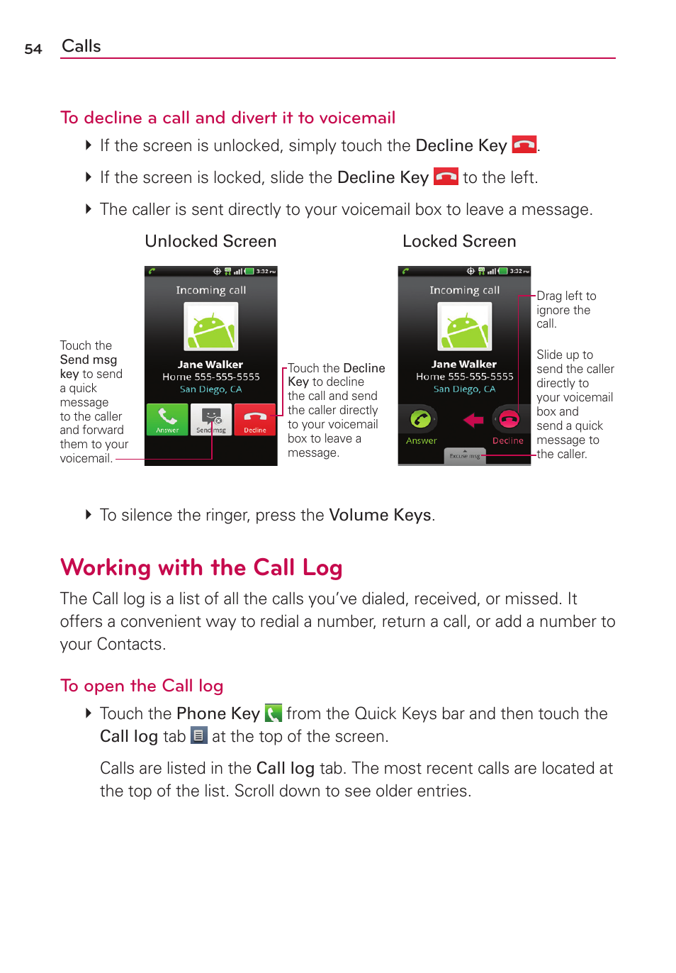 Working with the call log, Calls to decline a call and divert it to voicemail | LG MS910 User Manual | Page 54 / 199