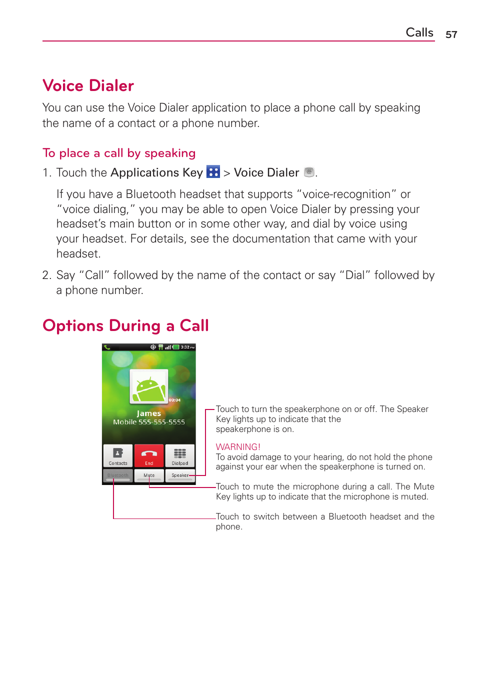 Voice dialer, Options during a call, Calls | LG MS910 User Manual | Page 57 / 199