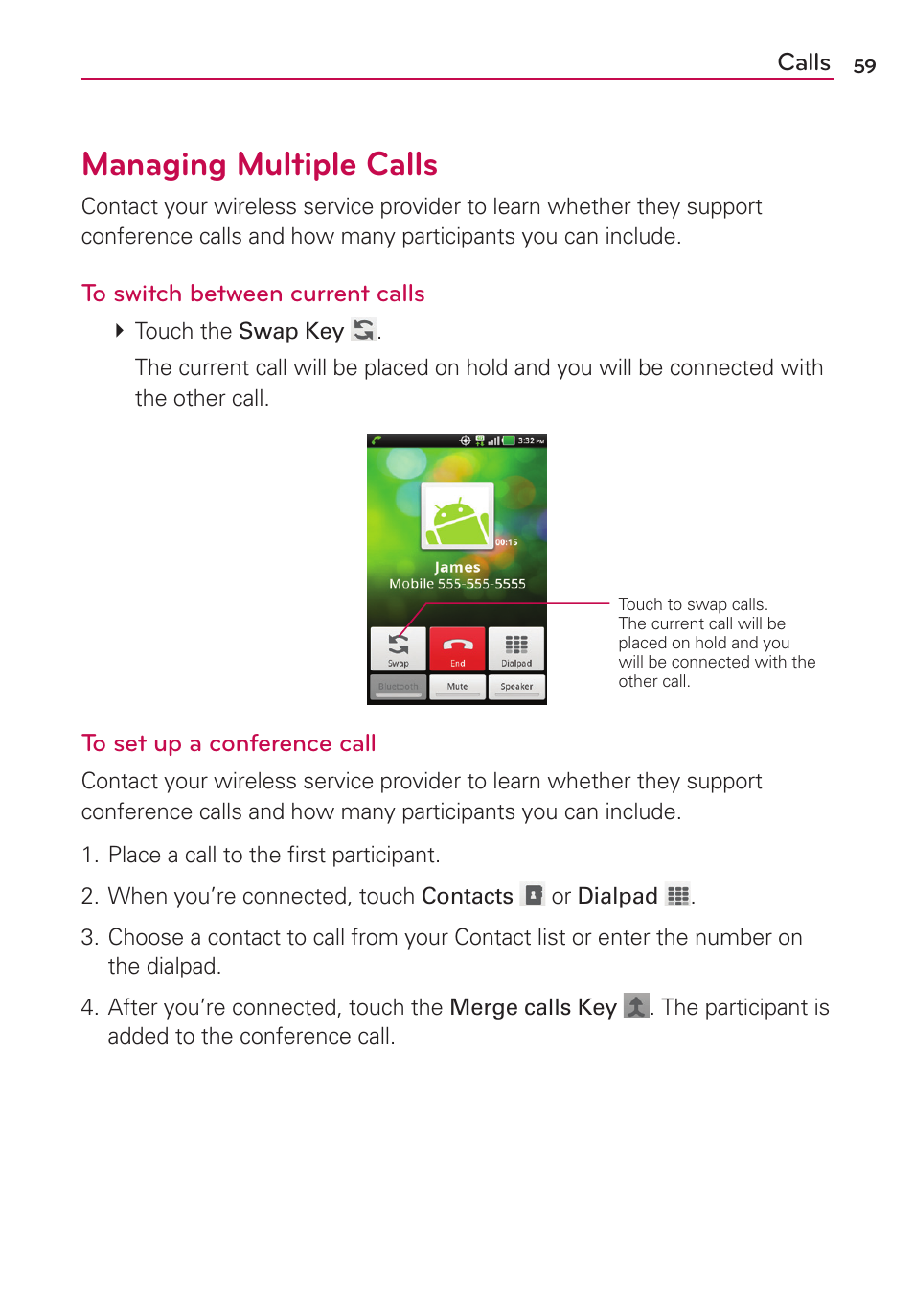 Managing multiple calls | LG MS910 User Manual | Page 59 / 199