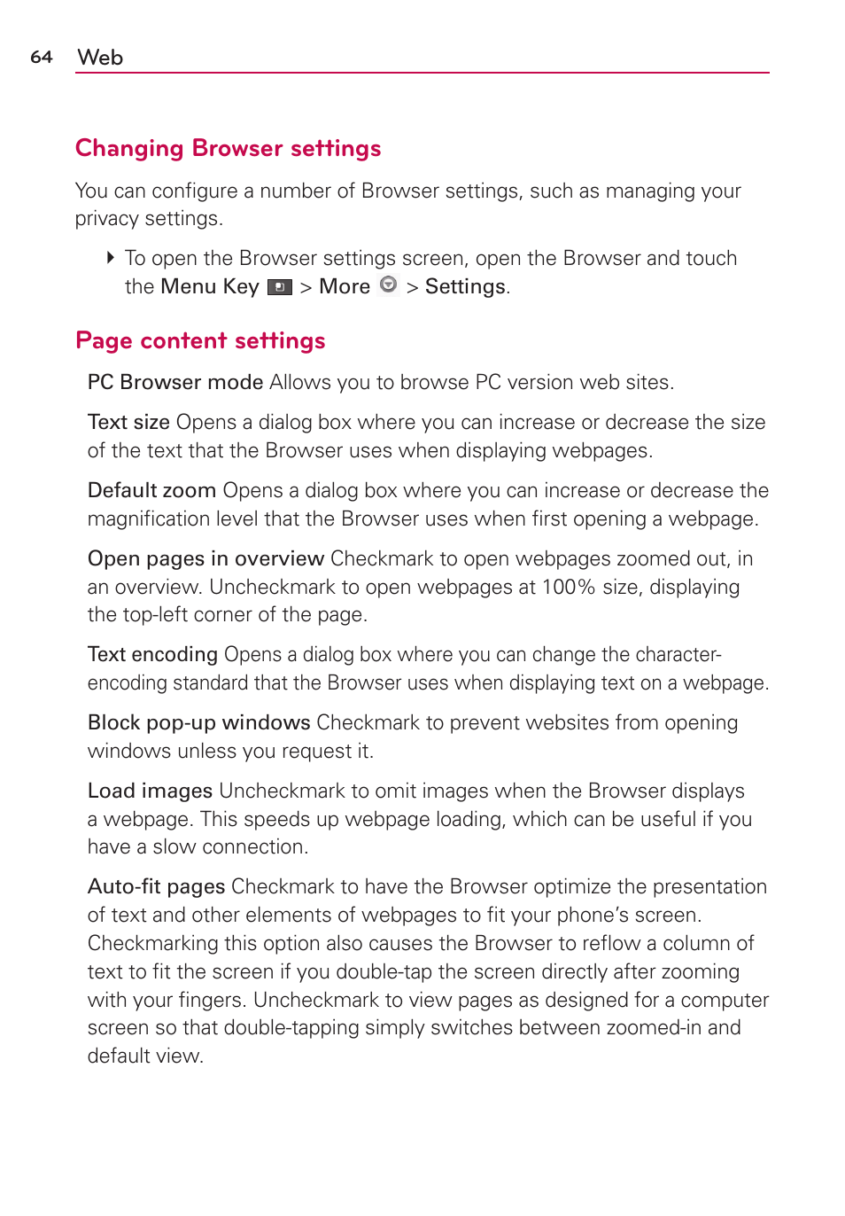 Changing browser settings, Page content settings | LG MS910 User Manual | Page 64 / 199