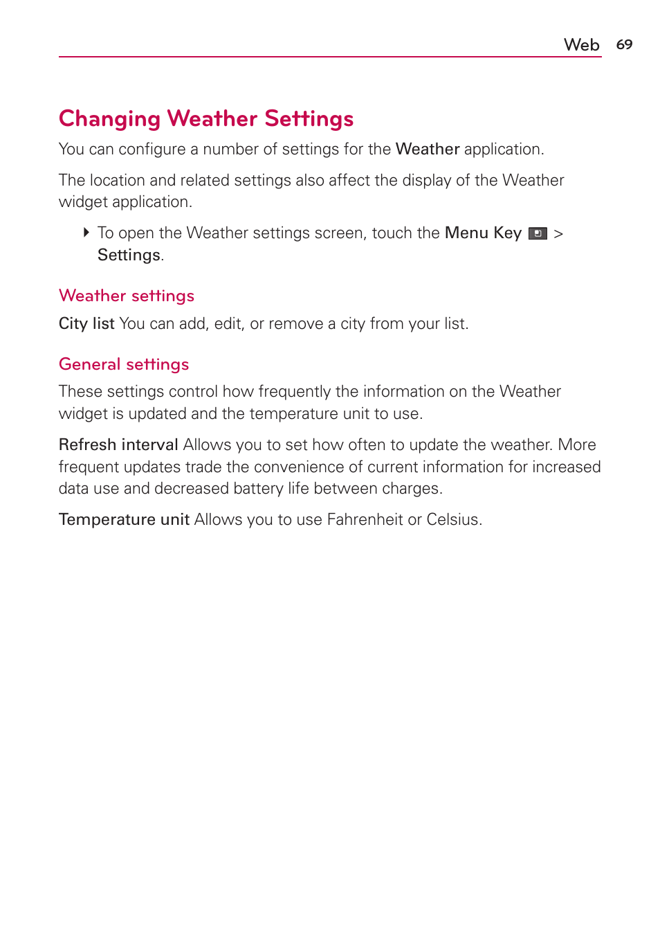 Changing weather settings | LG MS910 User Manual | Page 69 / 199