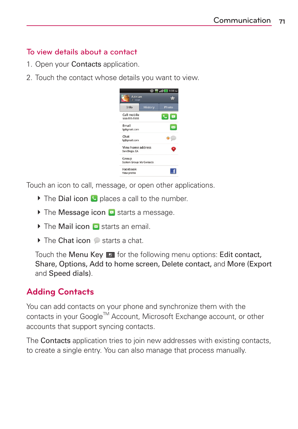 Adding contacts | LG MS910 User Manual | Page 71 / 199