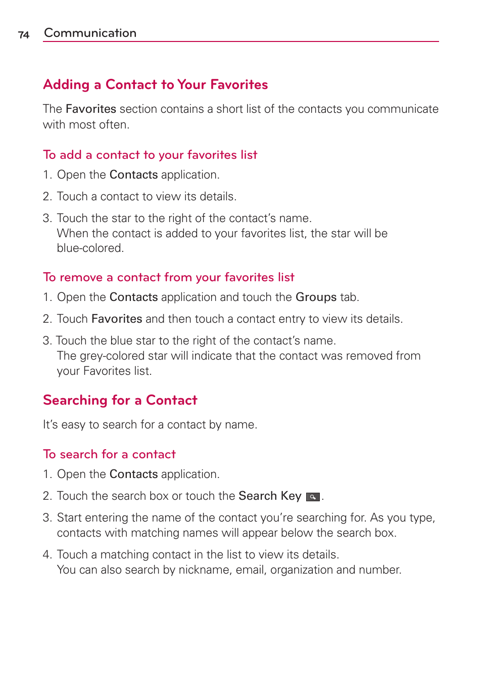 Adding a contact to your favorites, Searching for a contact | LG MS910 User Manual | Page 74 / 199