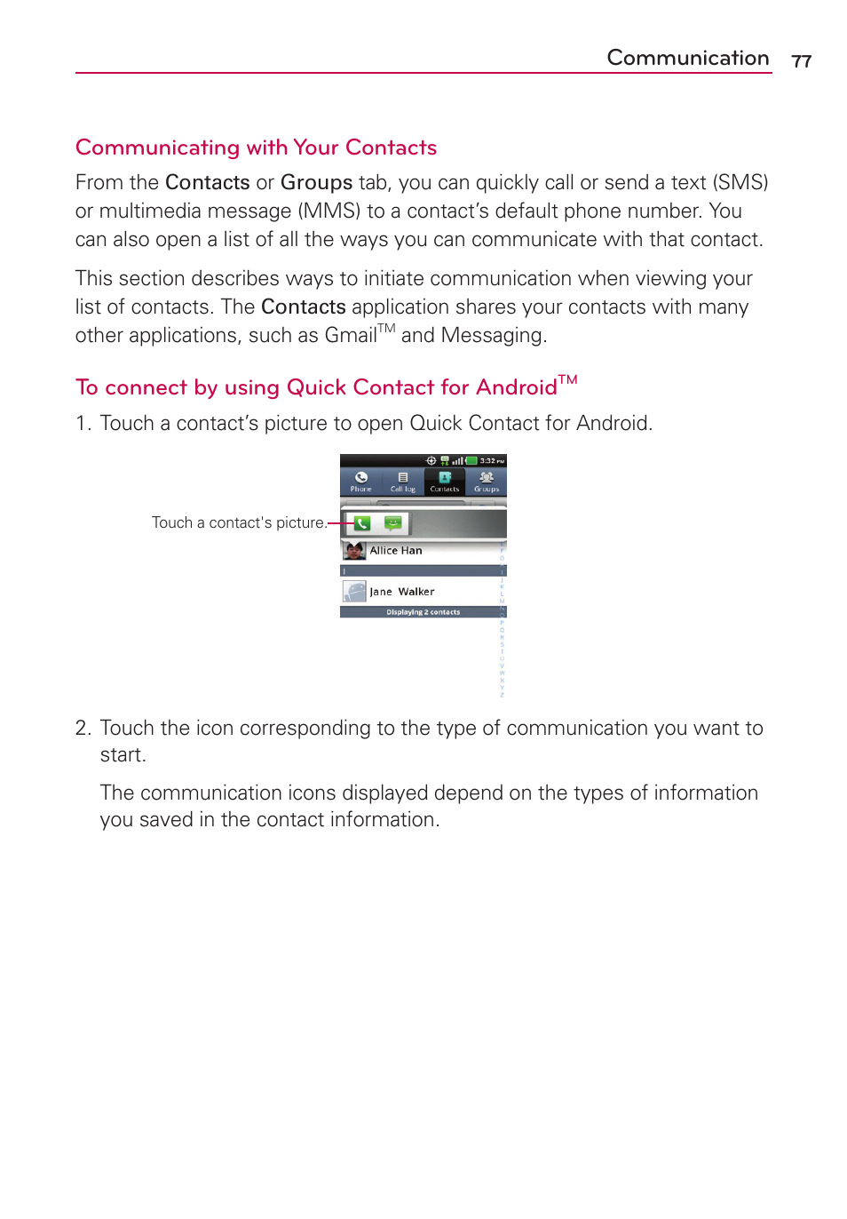 Communication communicating with your contacts | LG MS910 User Manual | Page 77 / 199