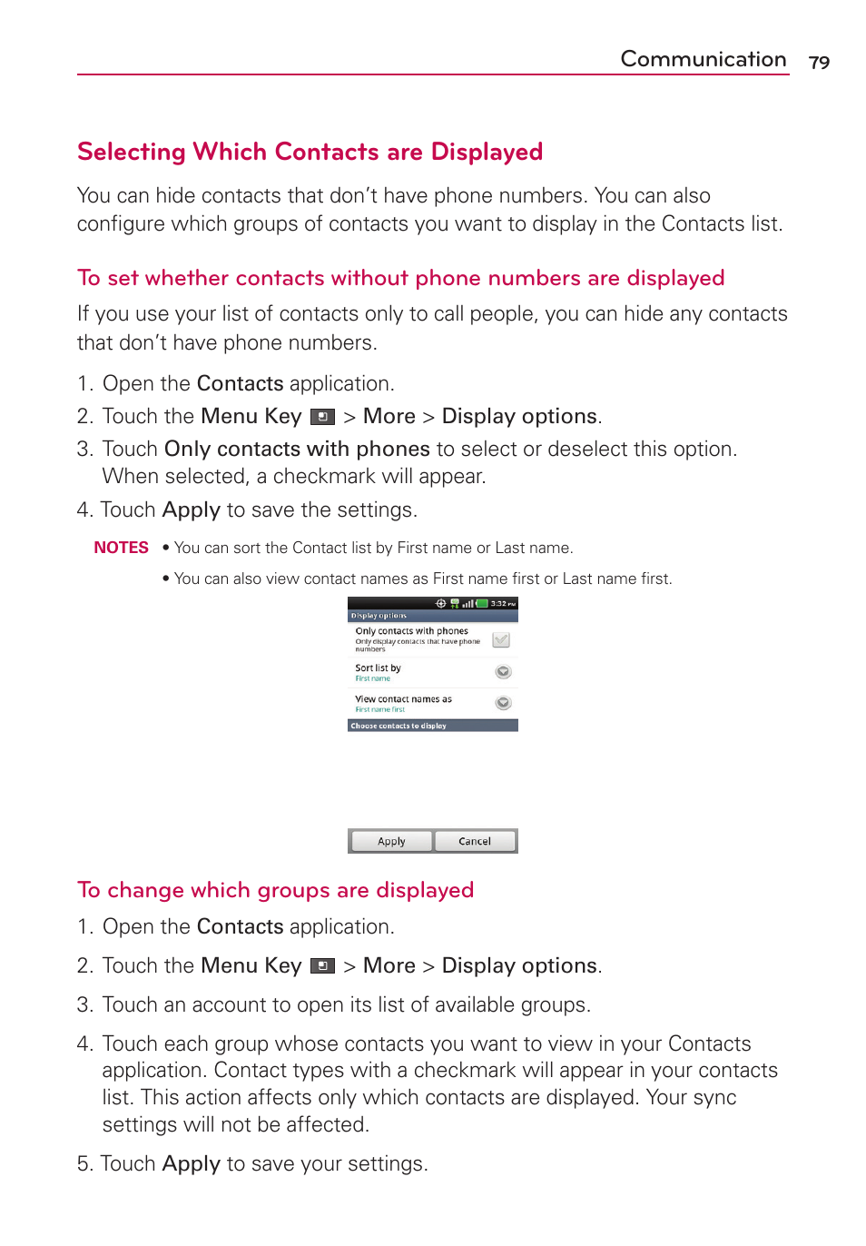 Selecting which contacts are displayed, Communication | LG MS910 User Manual | Page 79 / 199