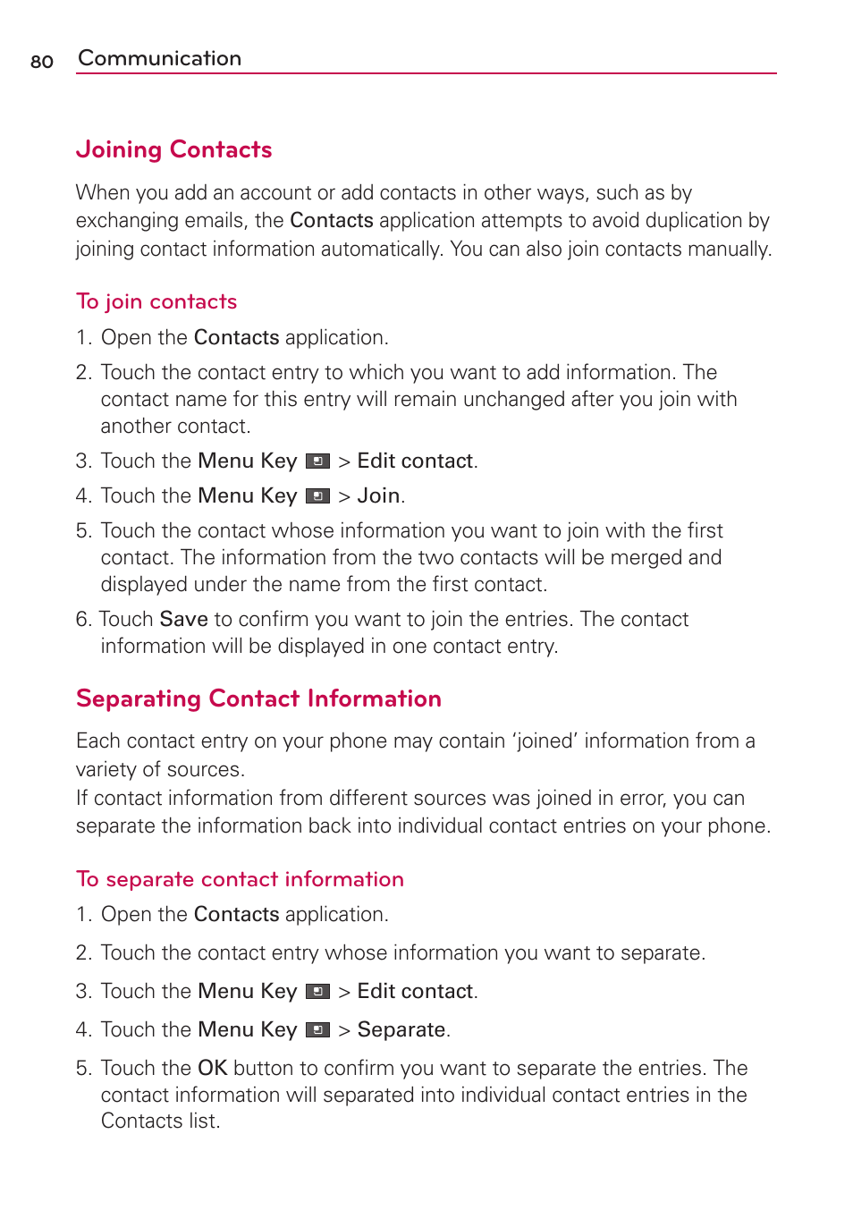 Joining contacts, Separating contact information | LG MS910 User Manual | Page 80 / 199