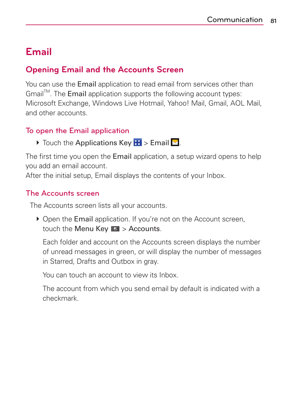 Email, Opening email and the accounts screen | LG MS910 User Manual | Page 81 / 199