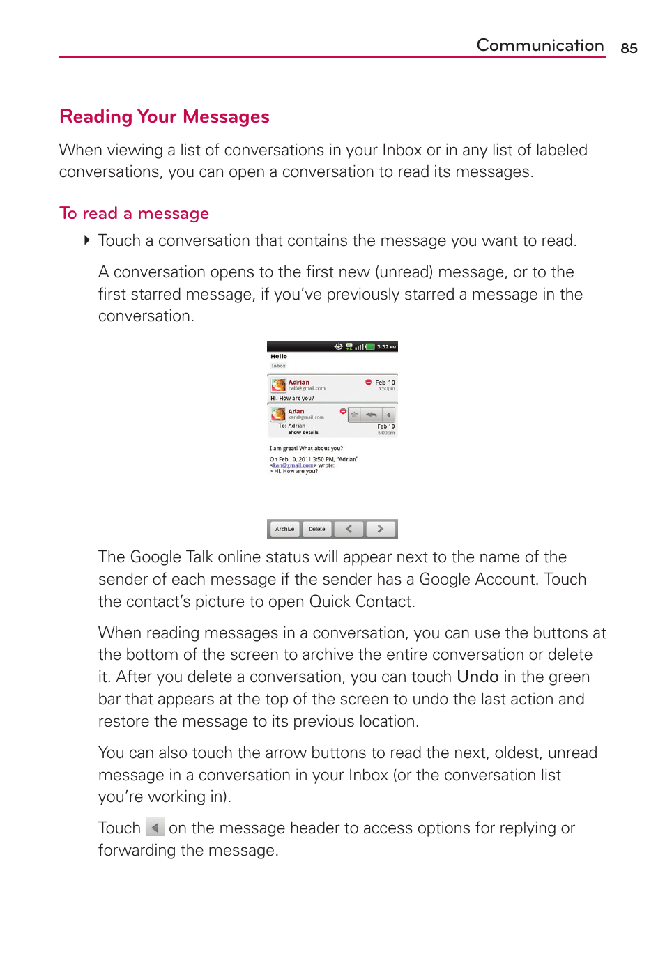 Reading your messages | LG MS910 User Manual | Page 85 / 199