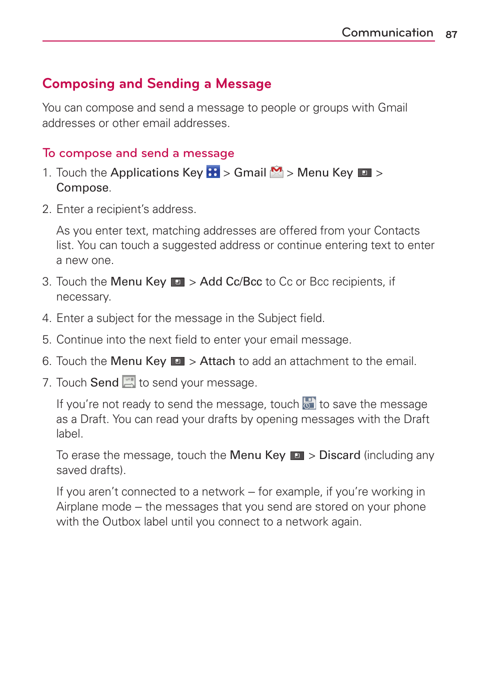 Composing and sending a message | LG MS910 User Manual | Page 87 / 199