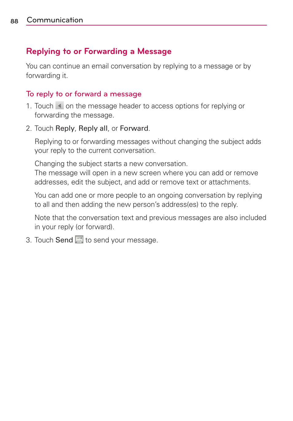 Replying to or forwarding a message | LG MS910 User Manual | Page 88 / 199