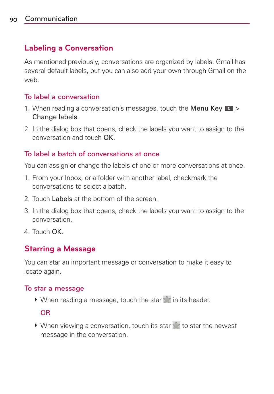 Labeling a conversation, Starring a message | LG MS910 User Manual | Page 90 / 199