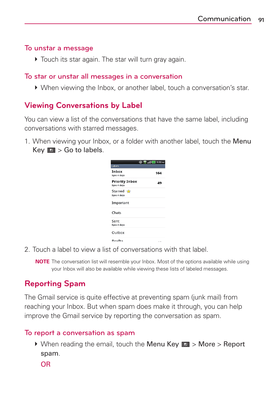 Viewing conversations by label, Reporting spam | LG MS910 User Manual | Page 91 / 199