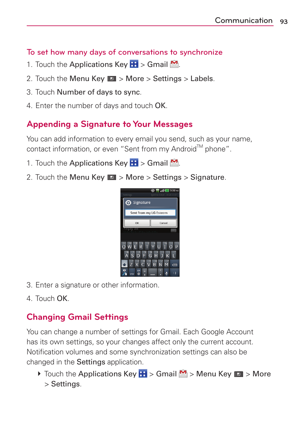 Appending a signature to your messages, Changing gmail settings | LG MS910 User Manual | Page 93 / 199