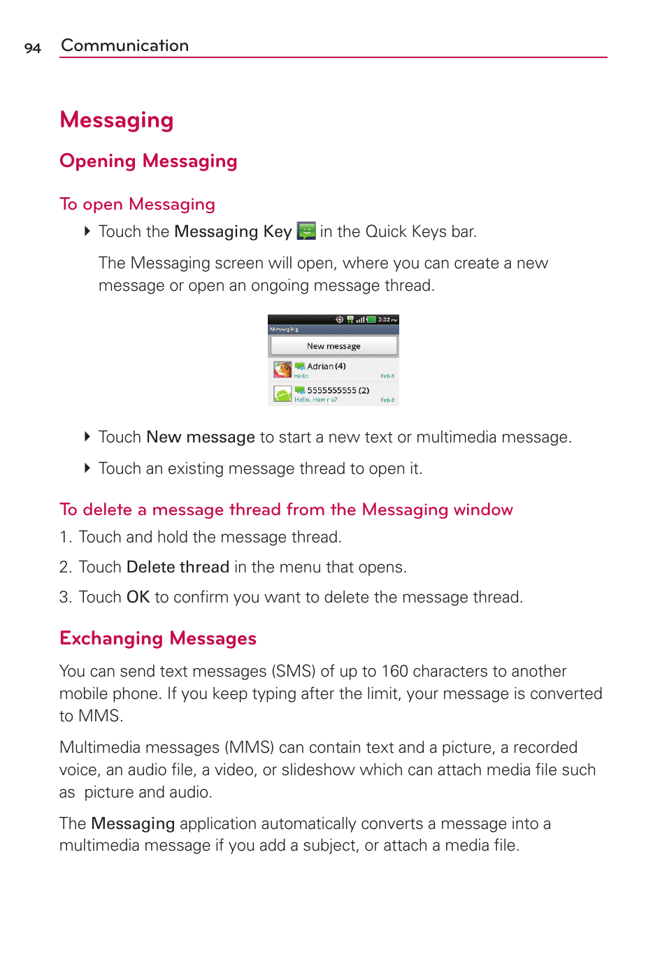 Messaging, Opening messaging, Exchanging messages | LG MS910 User Manual | Page 94 / 199