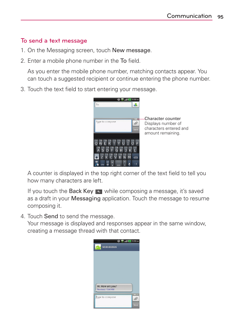 Communication to send a text message | LG MS910 User Manual | Page 95 / 199