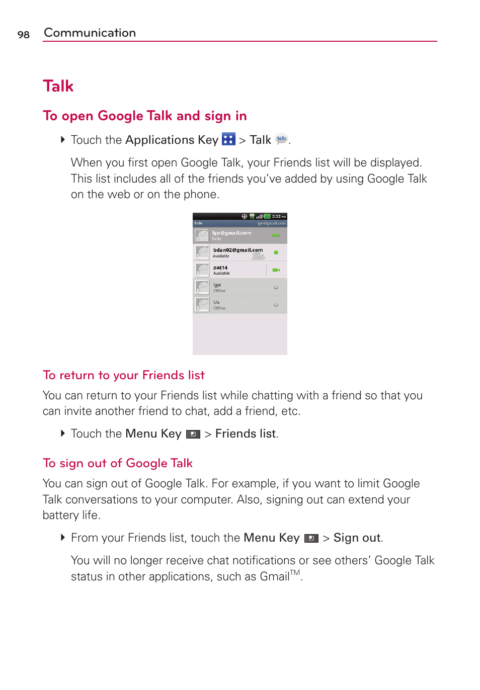 Talk | LG MS910 User Manual | Page 98 / 199