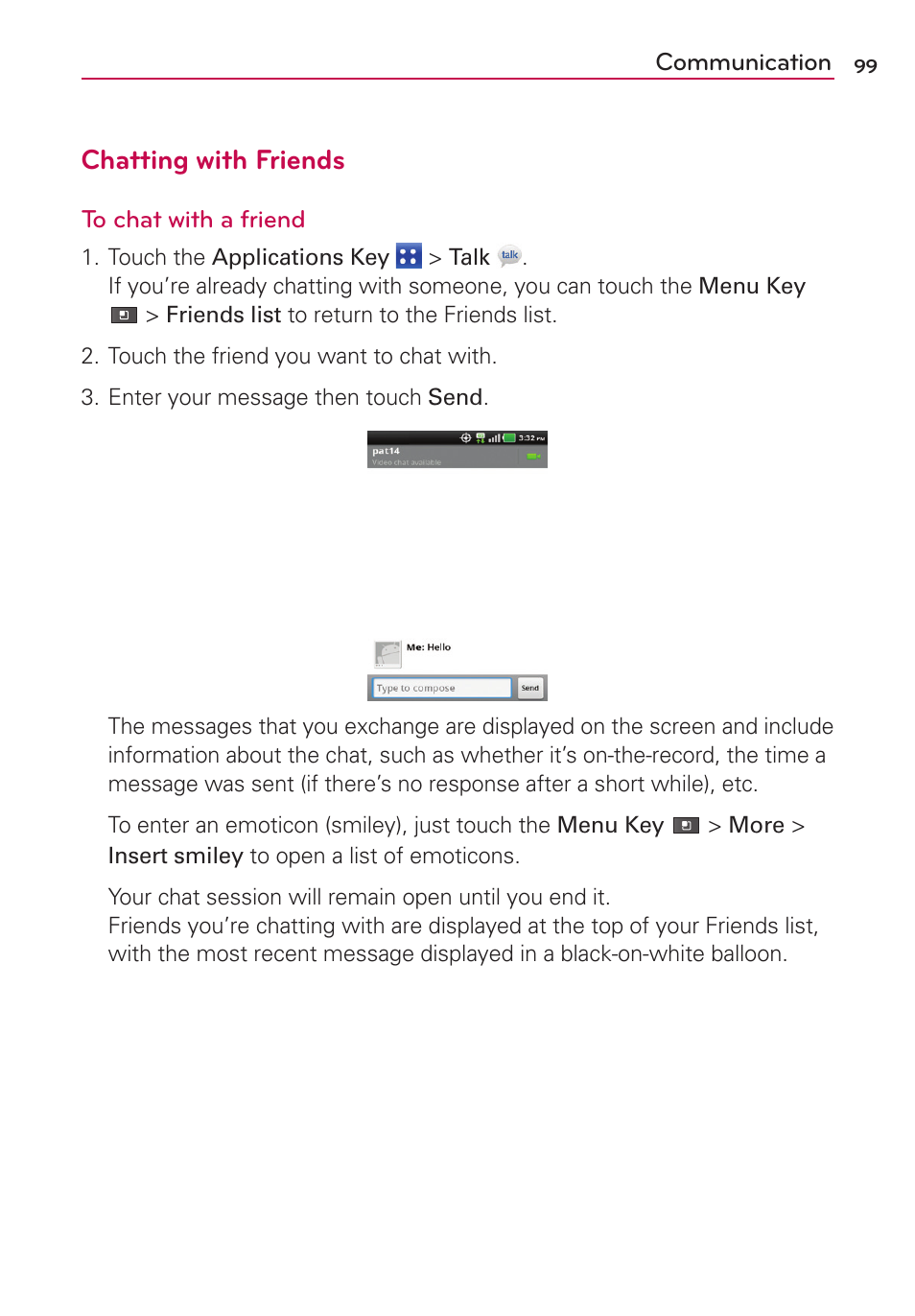 Chatting with friends | LG MS910 User Manual | Page 99 / 199