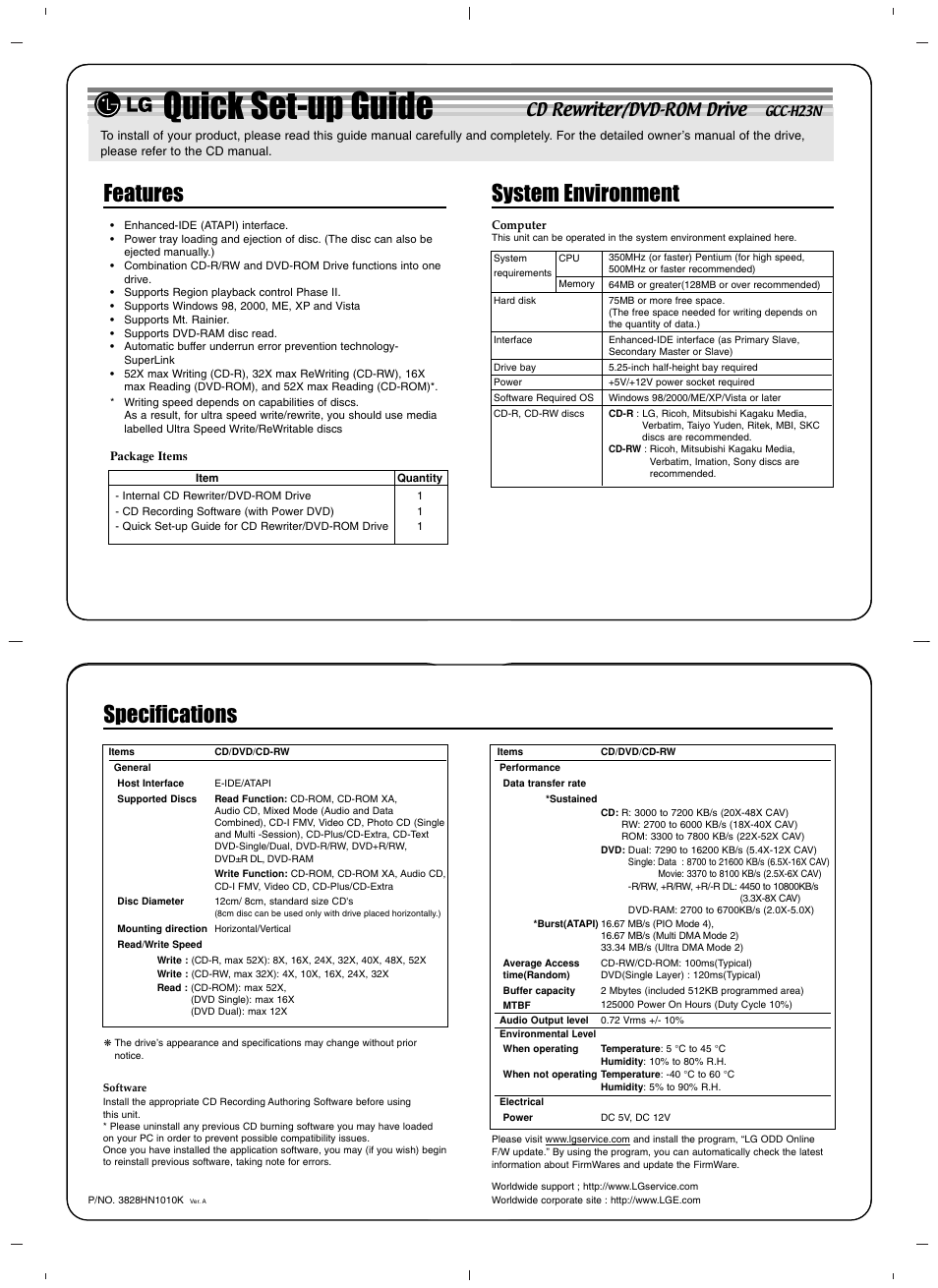 Quick set-up guide, Features, System environment | Specifications, Cd rewriter/dvd-rom drive | LG GCC-H23N User Manual | Page 3 / 4