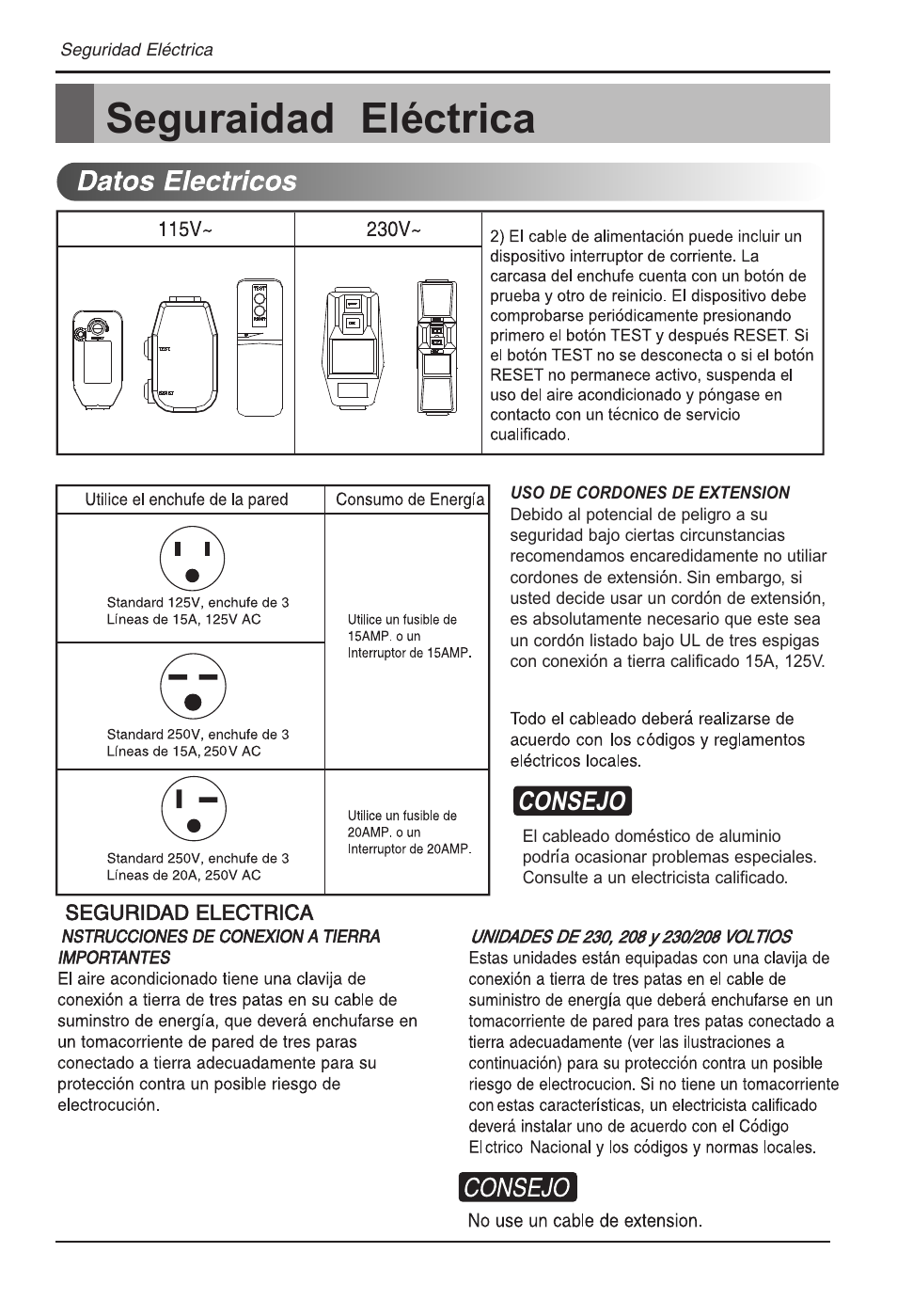 Seguraidad electrica, Es pa n o l | LG ZW5000 User Manual | Page 30 / 44