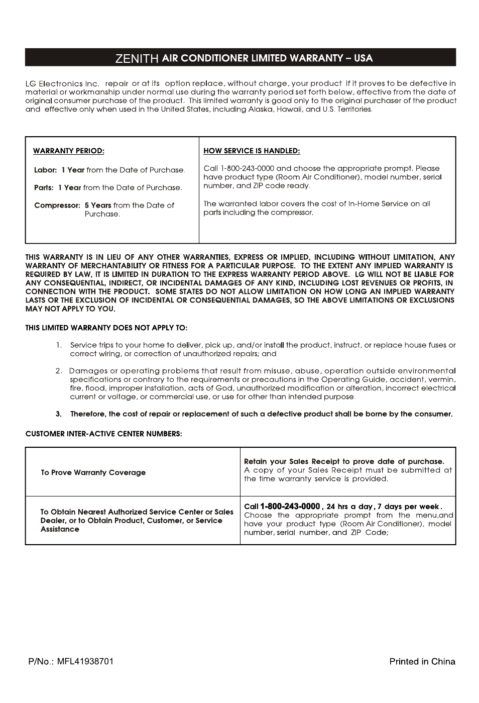 Zenith | LG ZW5000 User Manual | Page 44 / 44