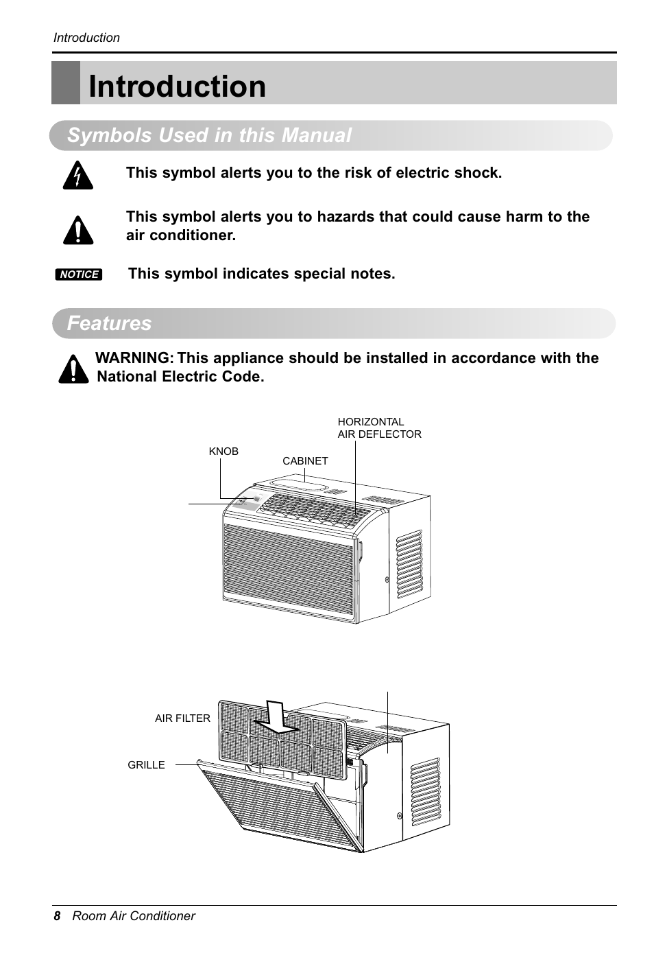 Introduction, Symbols used in this manual features | LG ZW5000 User Manual | Page 8 / 44