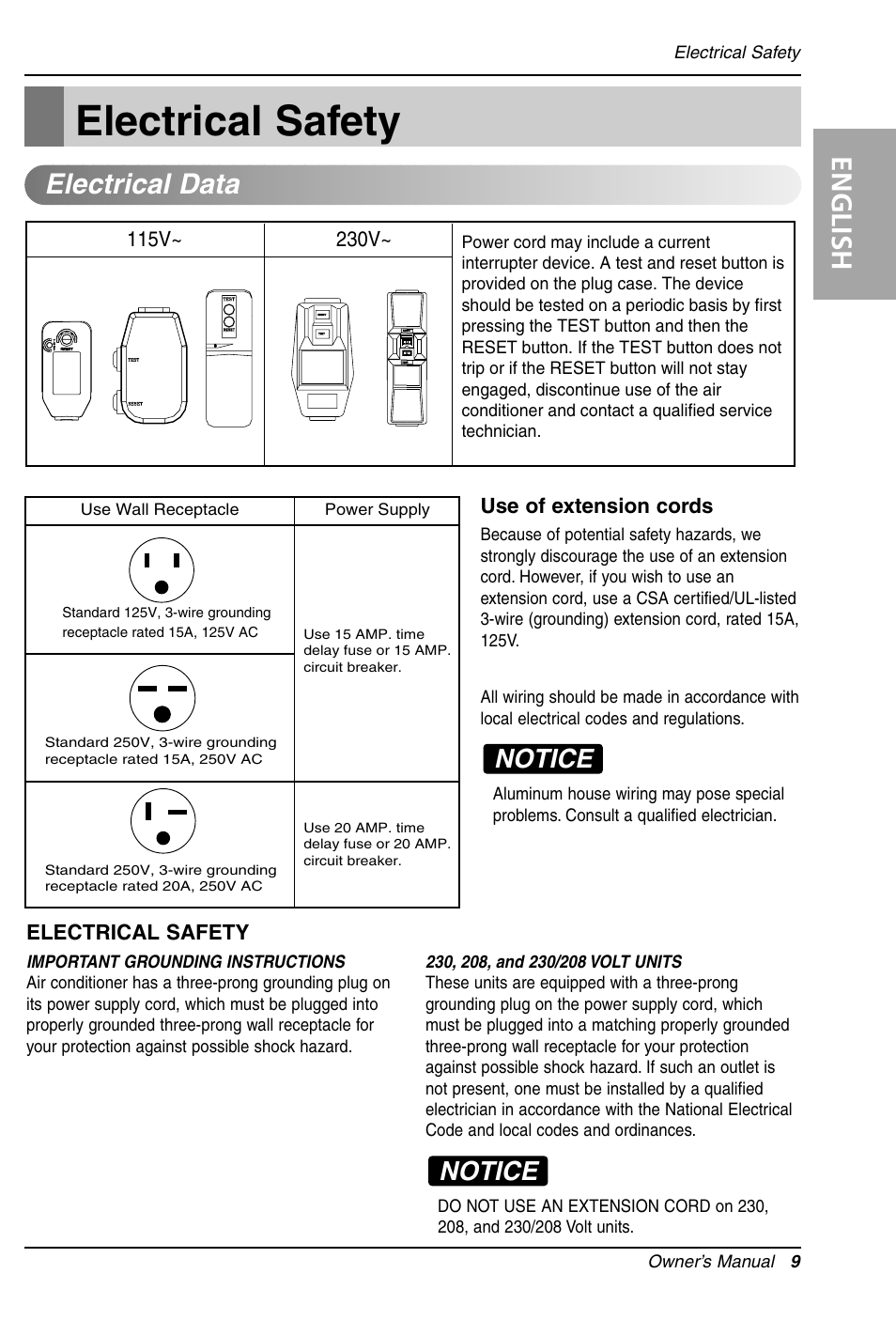Electrical safety, English, Electrical data | Notice | LG ZW5000 User Manual | Page 9 / 44