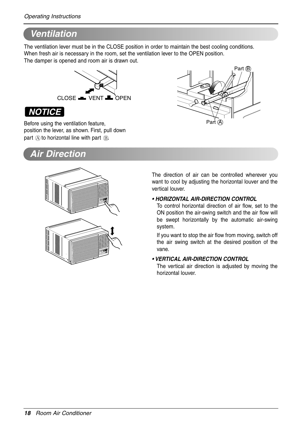 Ventilation, Air direction, Notice | LG LW2410HR User Manual | Page 18 / 44