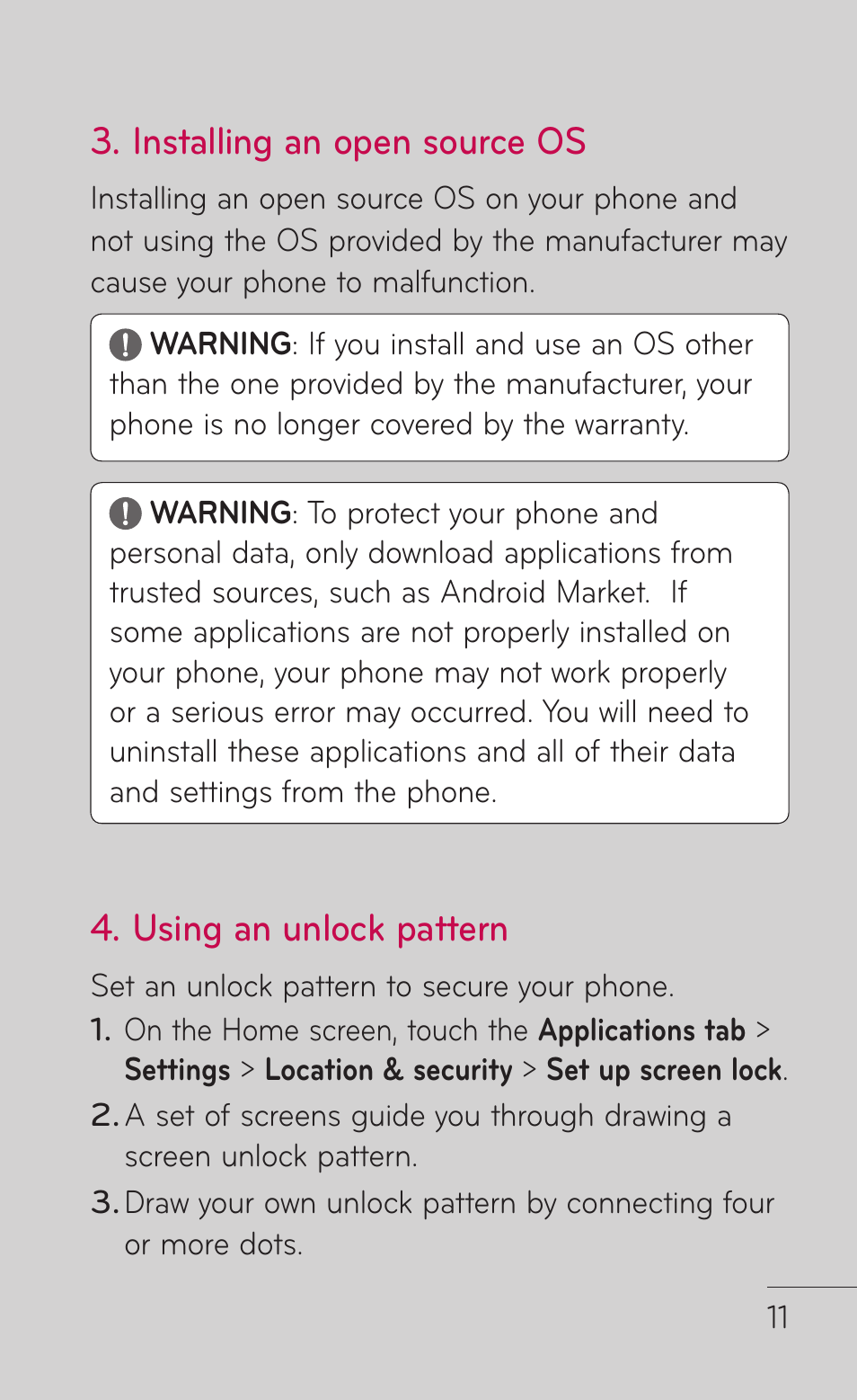 Installing an open source os, Using an unlock pattern | LG P999 User Manual | Page 11 / 336