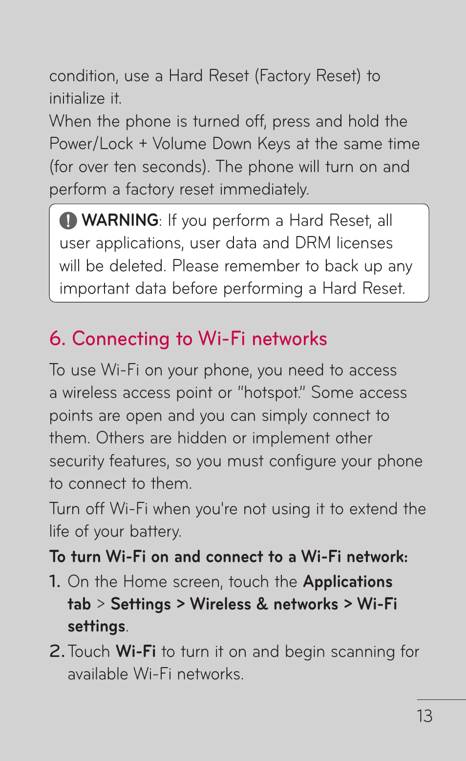 Connecting to wi-fi networks | LG P999 User Manual | Page 13 / 336