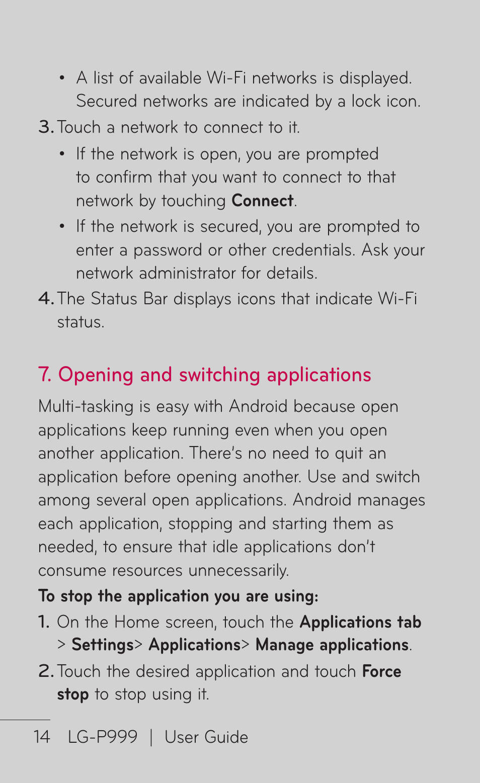 Opening and switching applications | LG P999 User Manual | Page 14 / 336