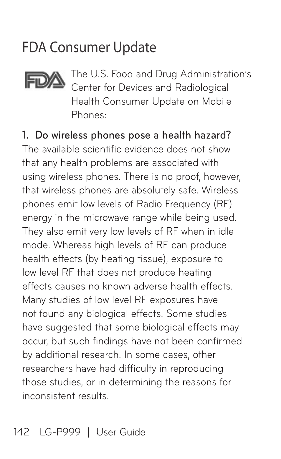 Fda consumer update | LG P999 User Manual | Page 142 / 336