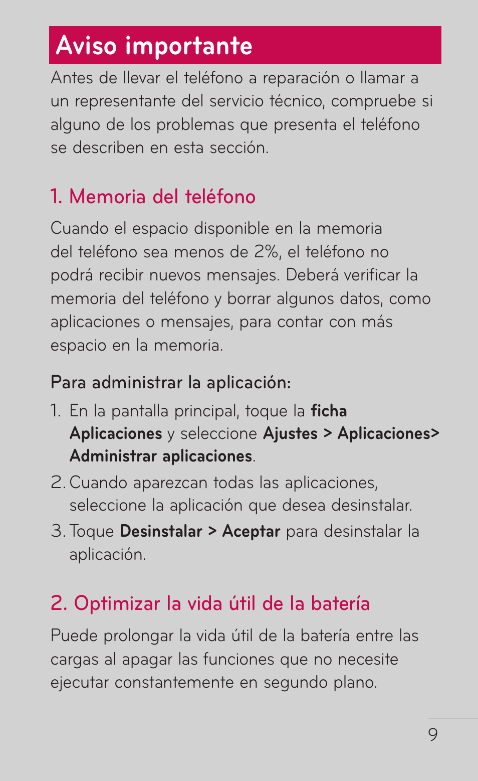 Aviso importante, Optimizar la vida útil de la batería | LG P999 User Manual | Page 169 / 336