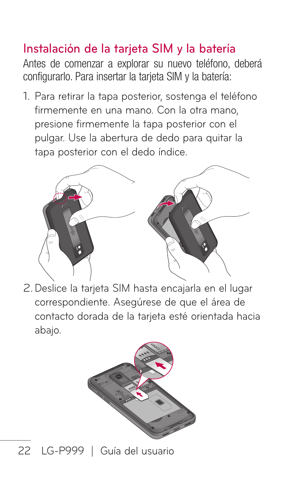 Instalación de la tarjeta sim y la batería | LG P999 User Manual | Page 182 / 336