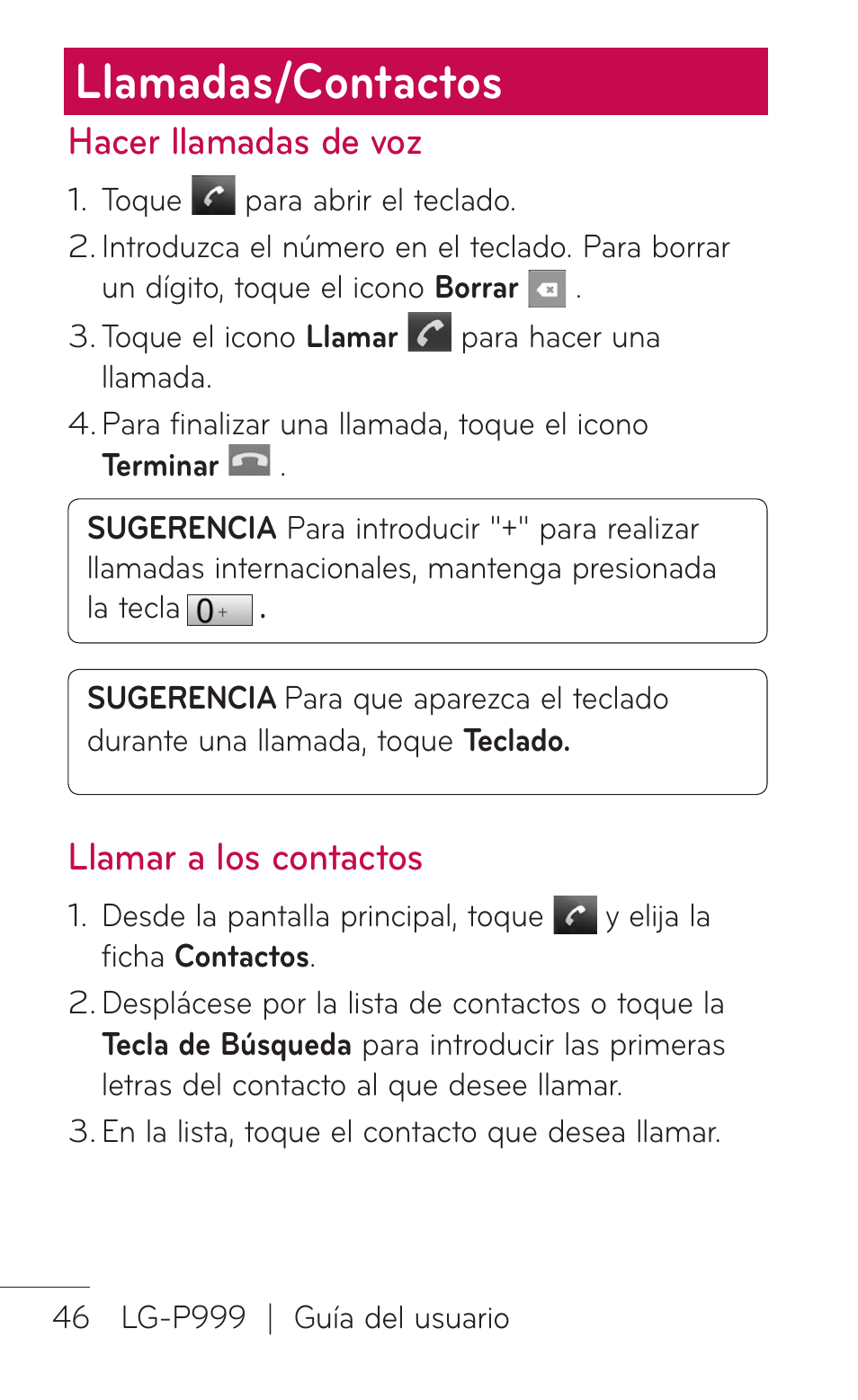 Llamadas/contactos, Hacer llamadas de voz, Llamar a los contactos | LG P999 User Manual | Page 206 / 336