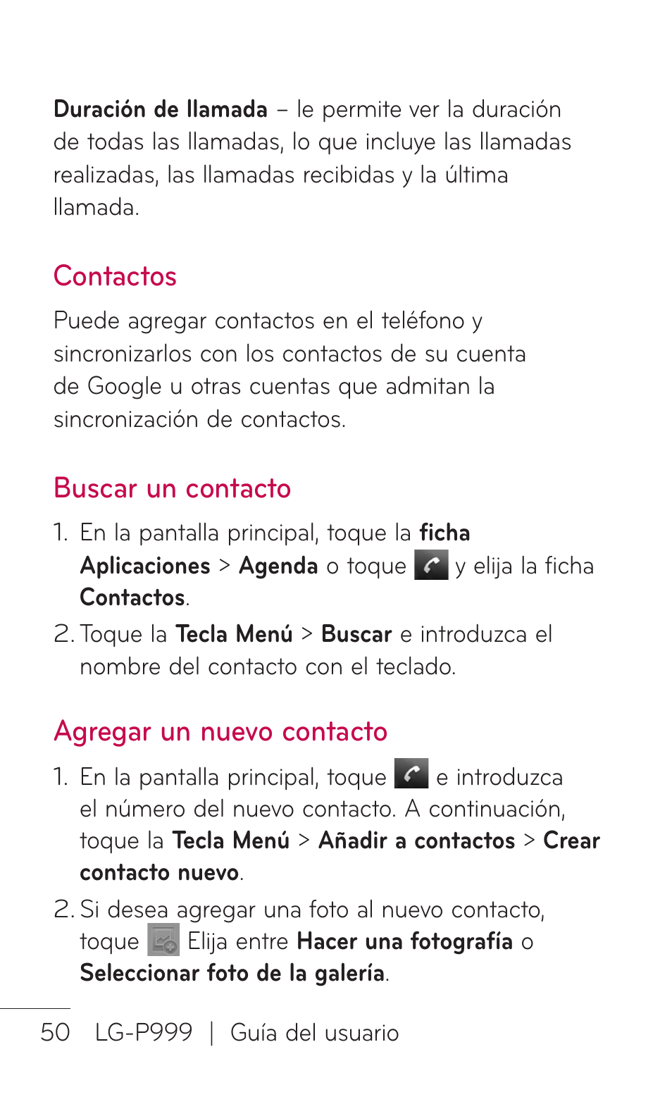 Contactos, Buscar un contacto, Agregar un nuevo contacto | LG P999 User Manual | Page 210 / 336