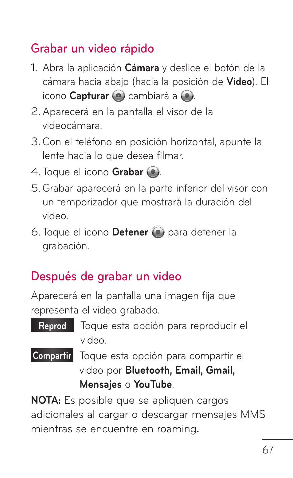 Grabar un video rápido, Después de grabar un video | LG P999 User Manual | Page 227 / 336