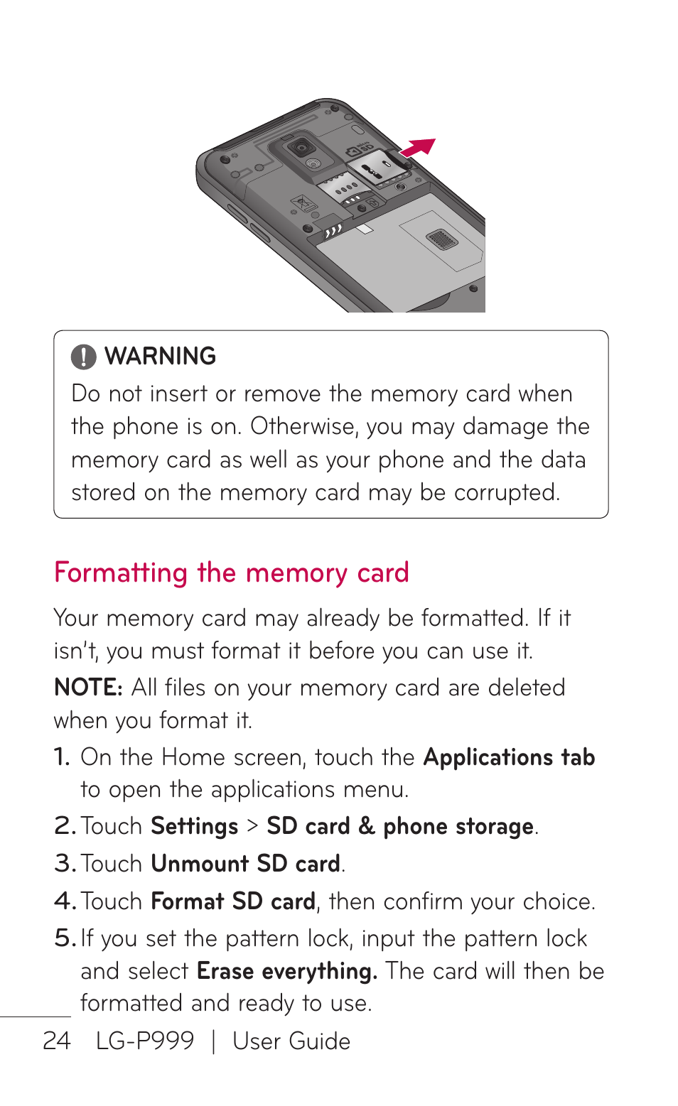 Formatting the memory card | LG P999 User Manual | Page 24 / 336