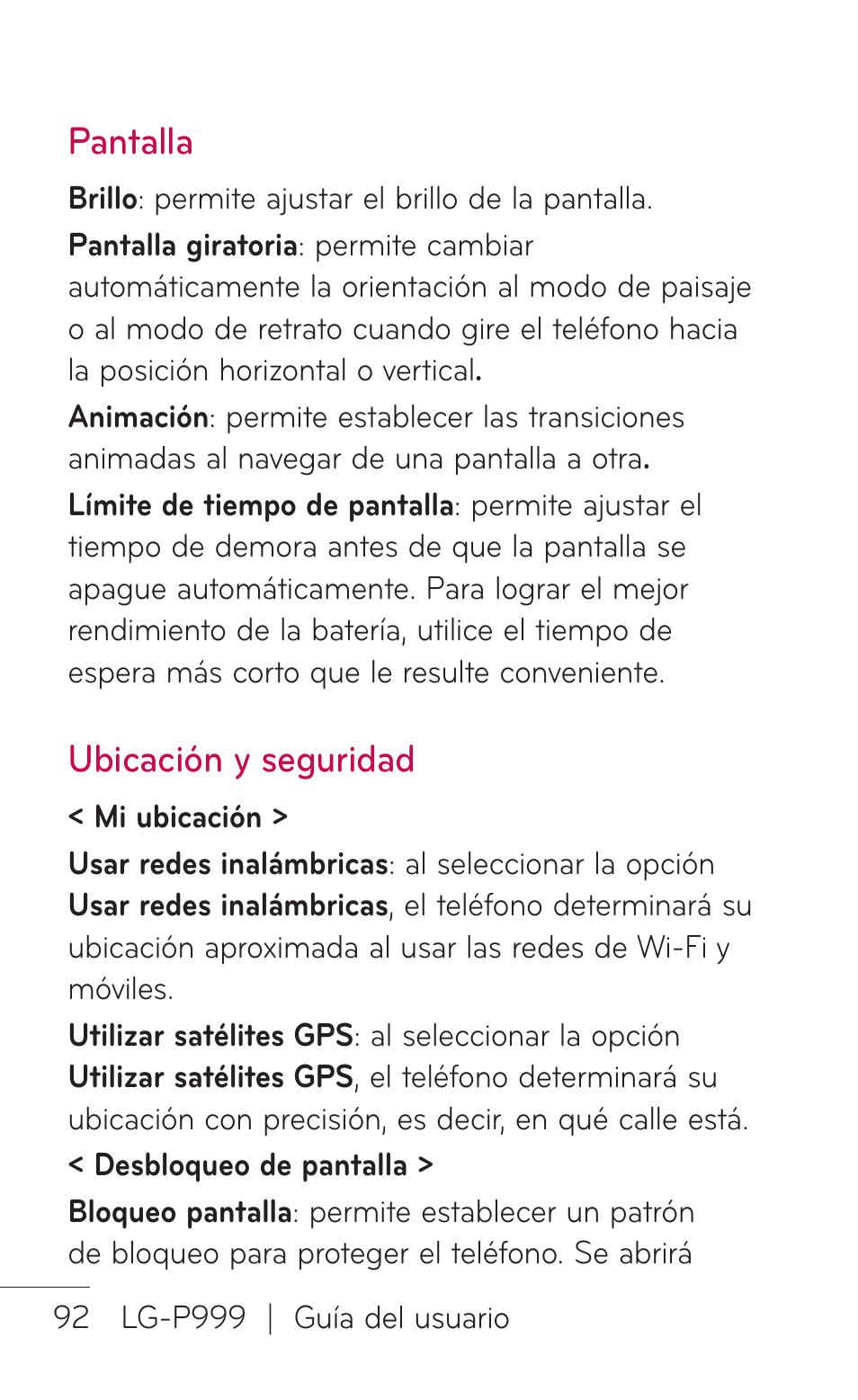 Pantalla, Ubicación y seguridad | LG P999 User Manual | Page 252 / 336