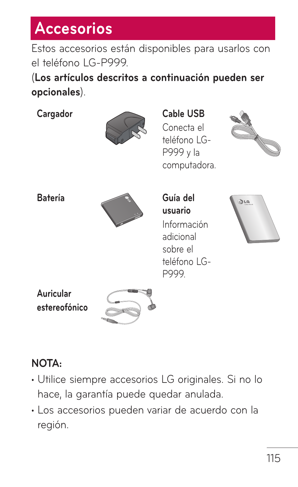 Accesorios | LG P999 User Manual | Page 275 / 336