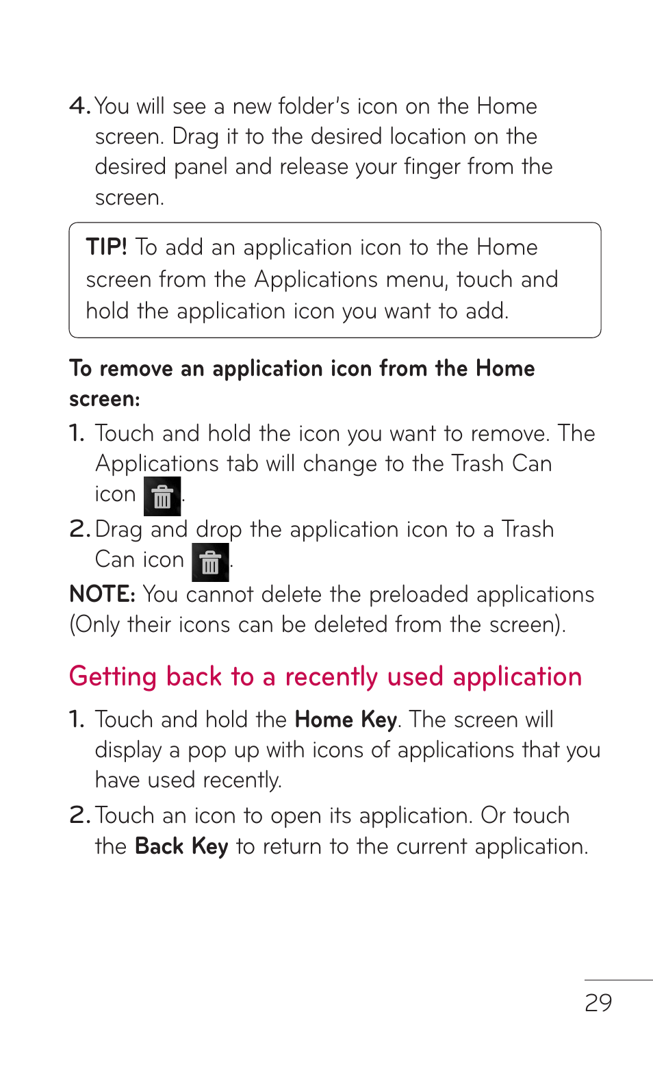 Getting back to a recently used application | LG P999 User Manual | Page 29 / 336