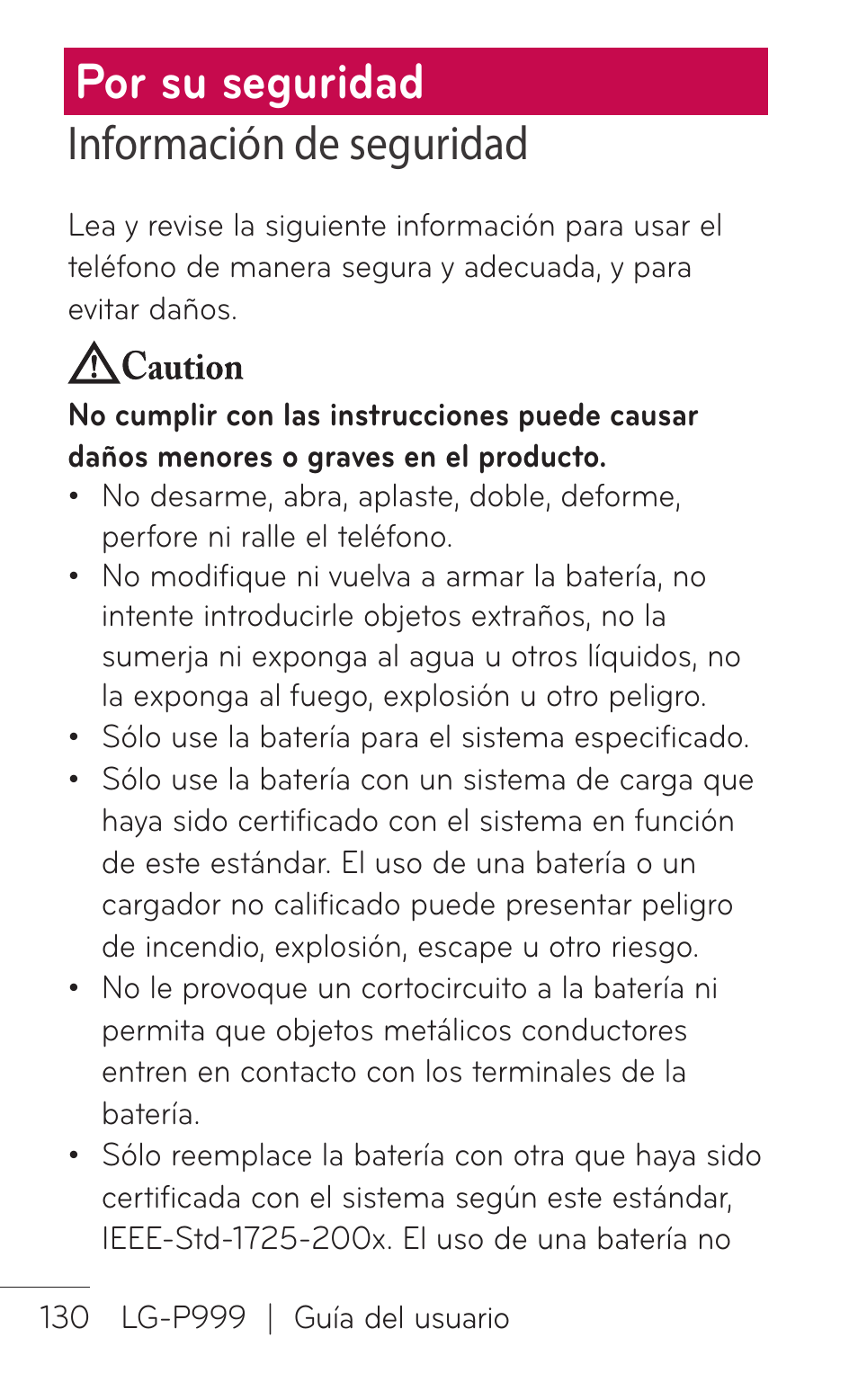 Por su seguridad, Información de seguridad | LG P999 User Manual | Page 290 / 336