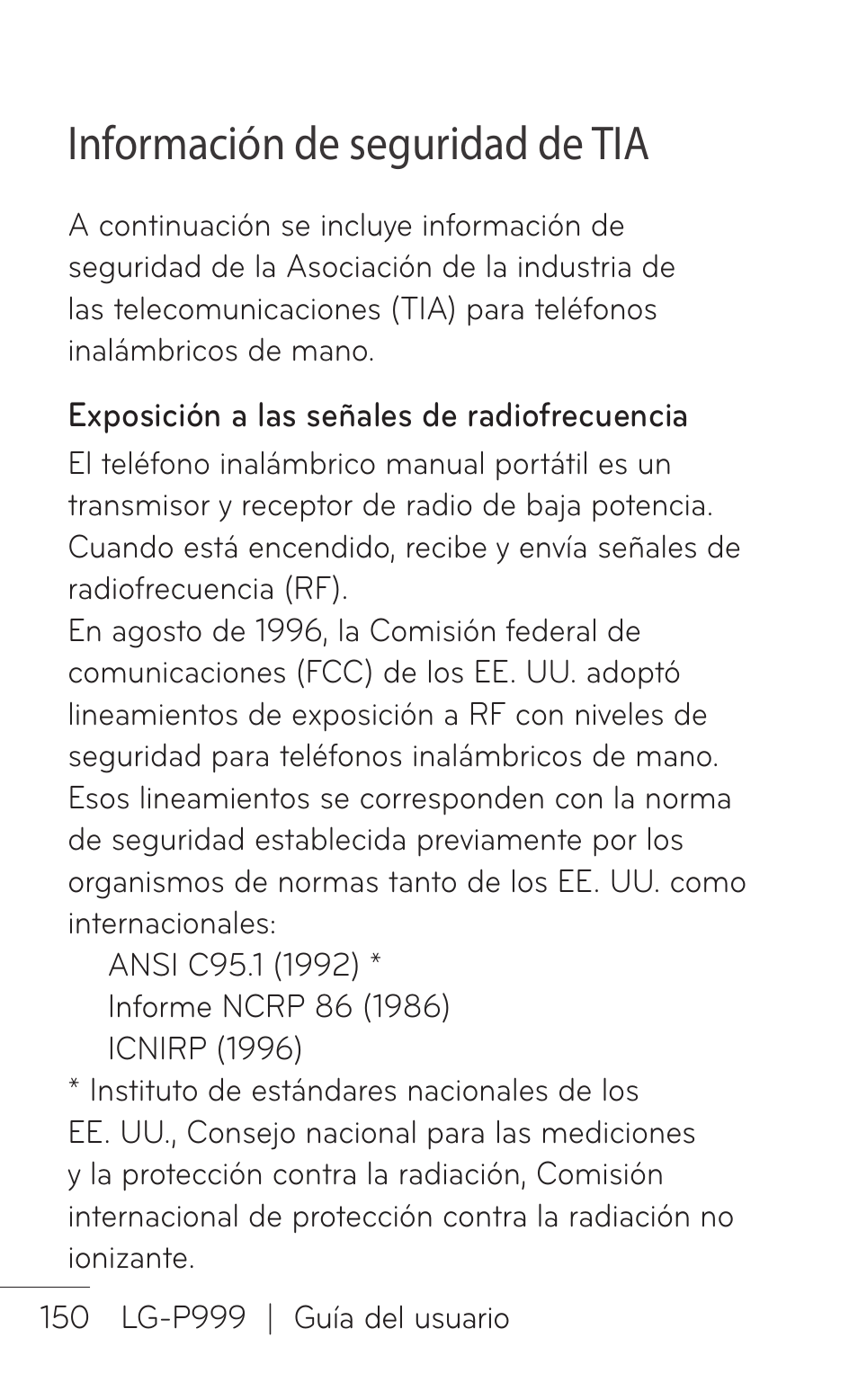 Información de seguridad de tia | LG P999 User Manual | Page 310 / 336